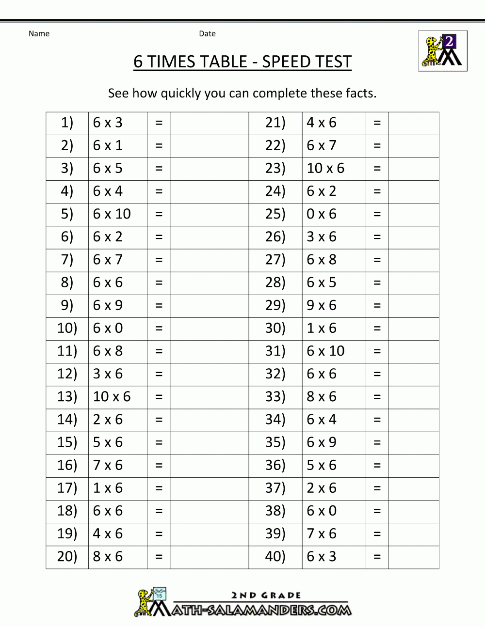 6 Times Table throughout Printable Multiplication Speed Test