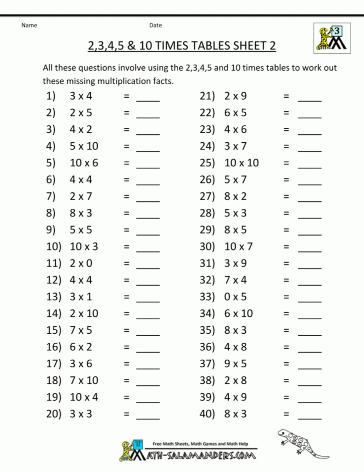 free printable math sheets multiplication 2 3 4 5 10 times inside