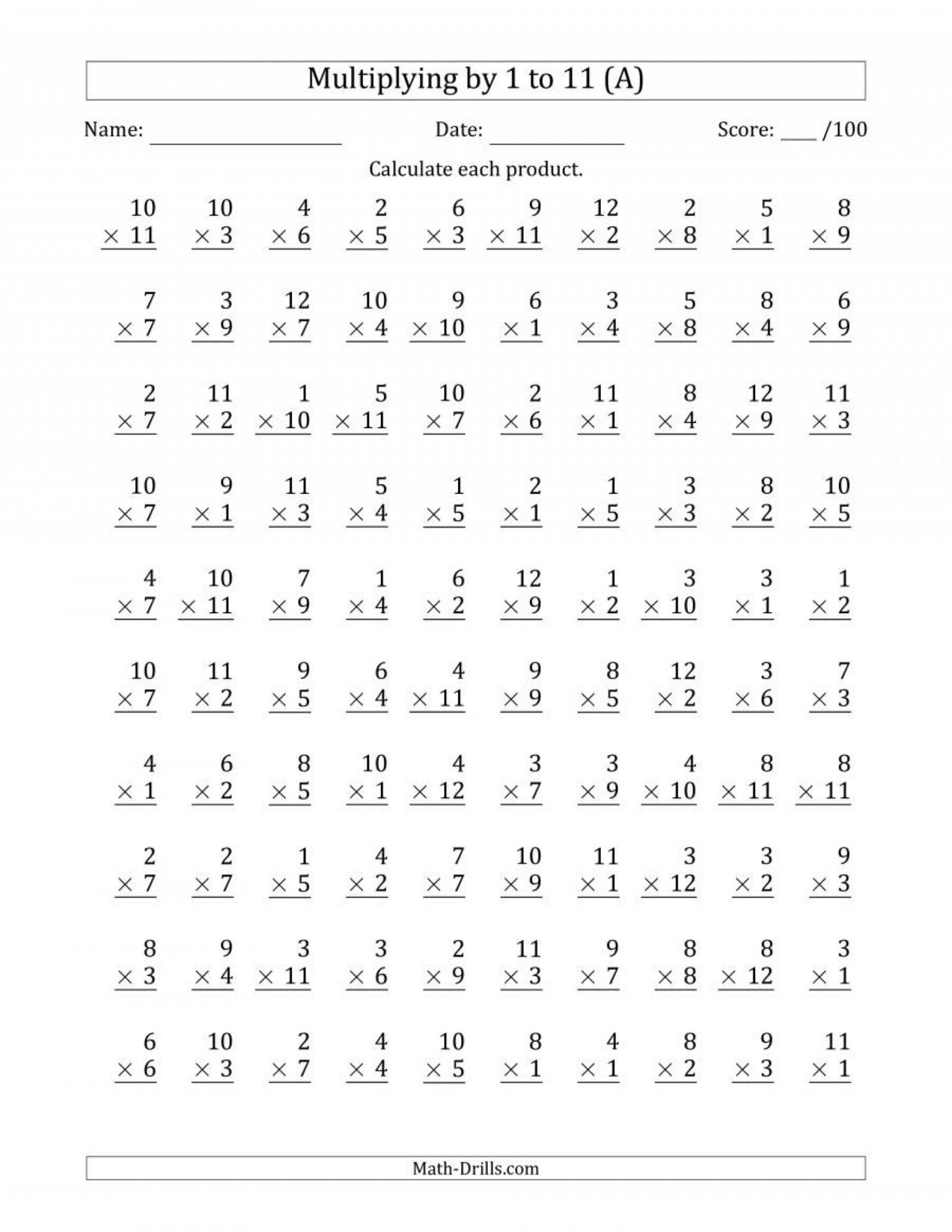 printable multiplication test 1 12 PrintableMultiplication com