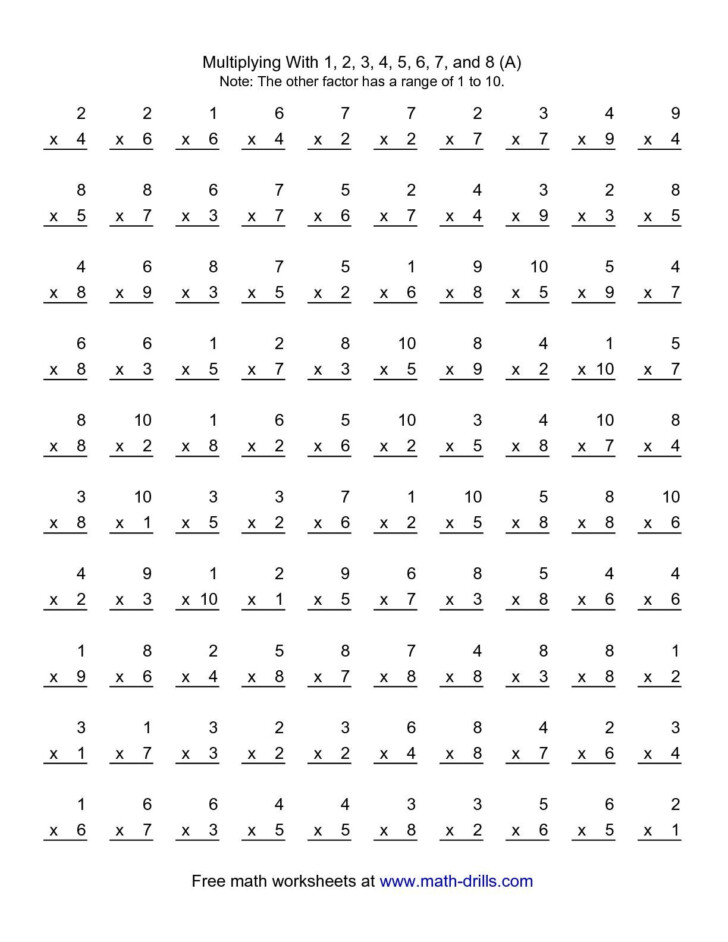 the 100 vertical questions multiplication facts 1 8 within