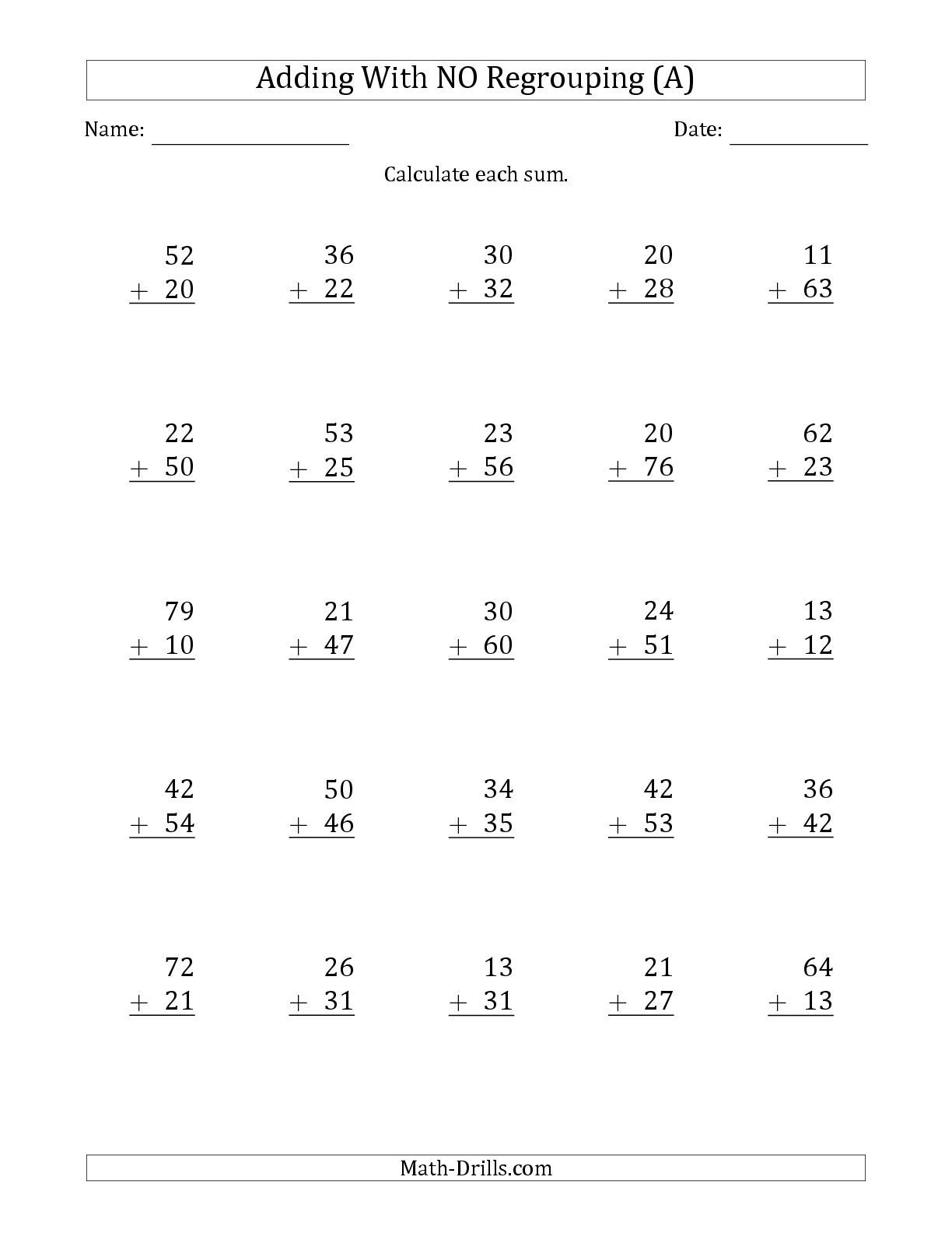 The 2 Digit Plus 2 Digit Addition With No Regrouping A Regarding Multiplication Worksheets No