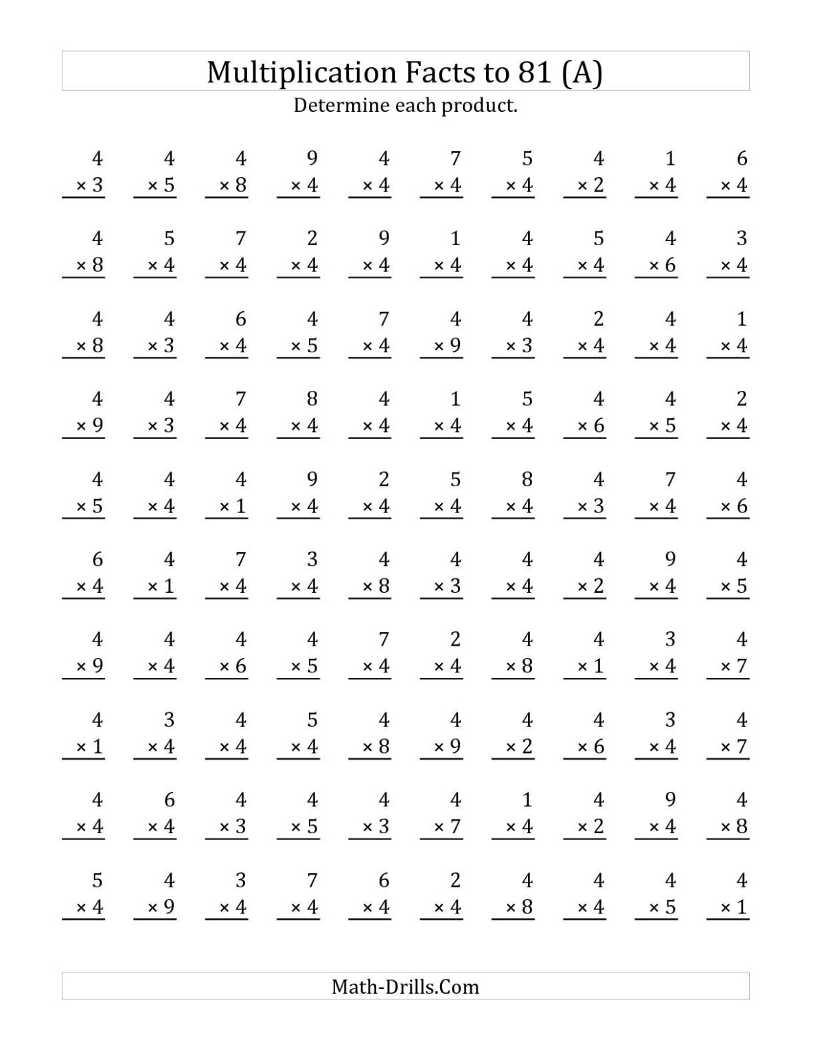 The Multiplying (1 To 9)4 (A) | Maths Worksheet within Printable ...