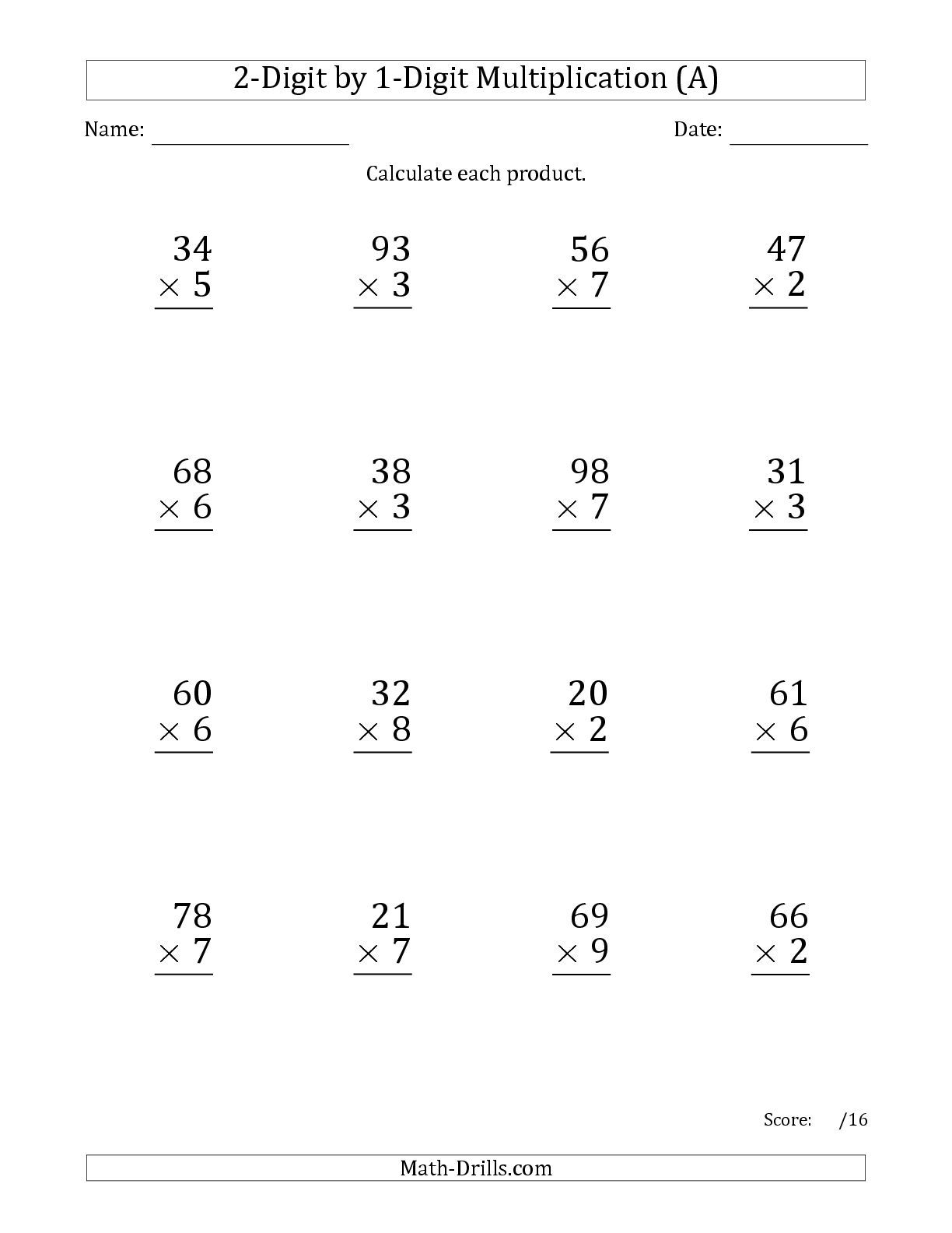 The Multiplying 2 Digit1 Digit Numbers Large Print A With 