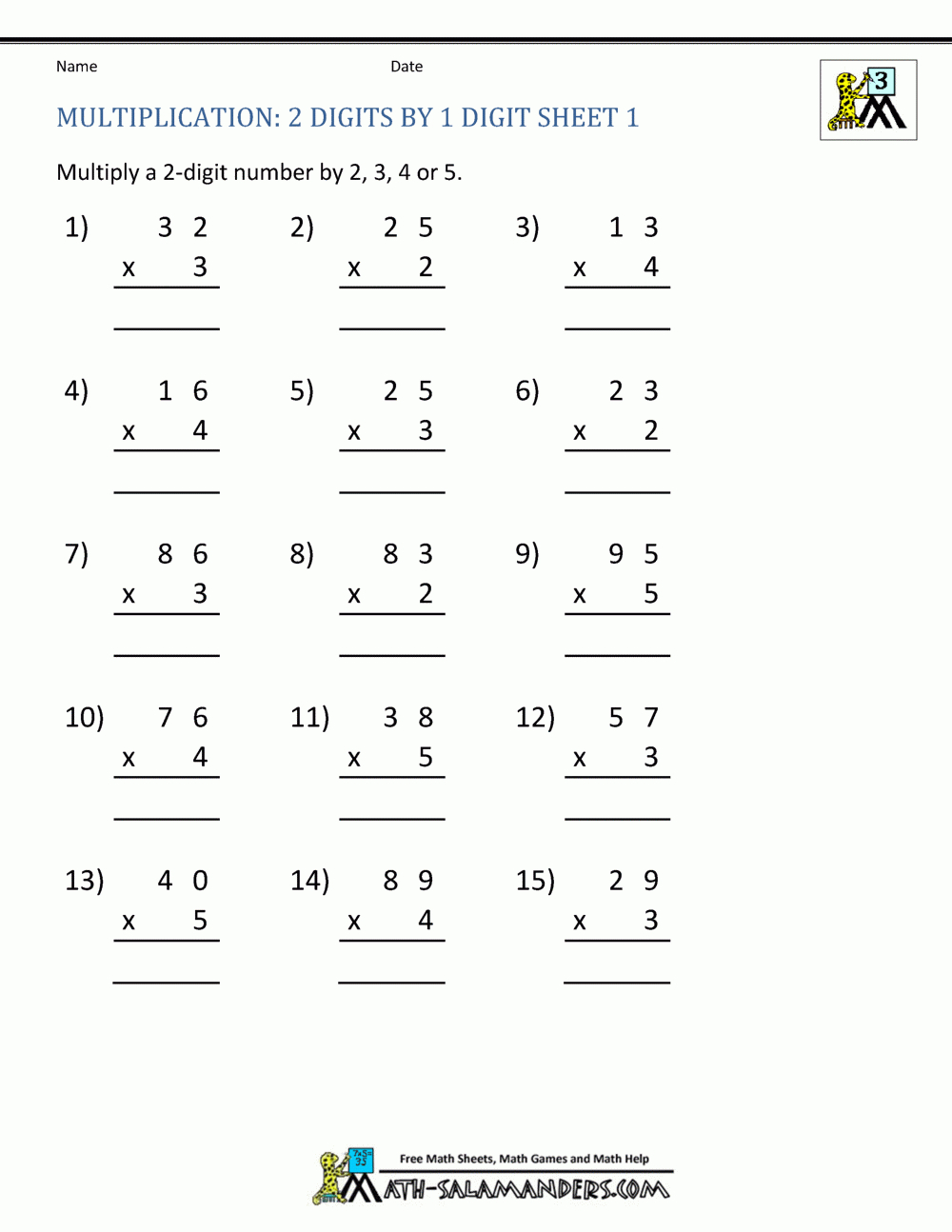 2 Digit Multiplication Worksheet in Multiplication Worksheets Level 1