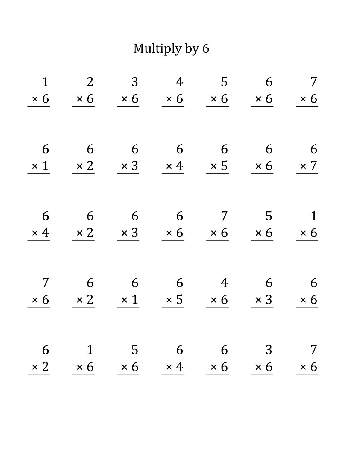 Multiplication By 6 Worksheets Printable