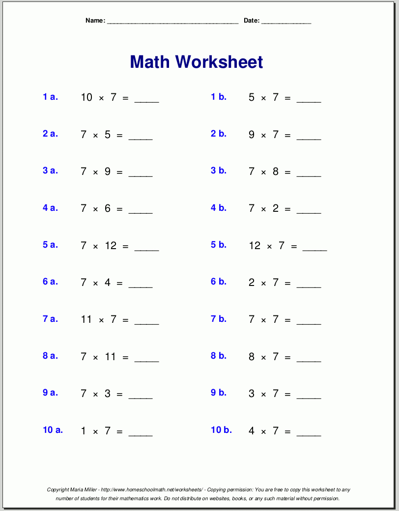 Free Math Worksheets intended for Multiplication Worksheets Level 1