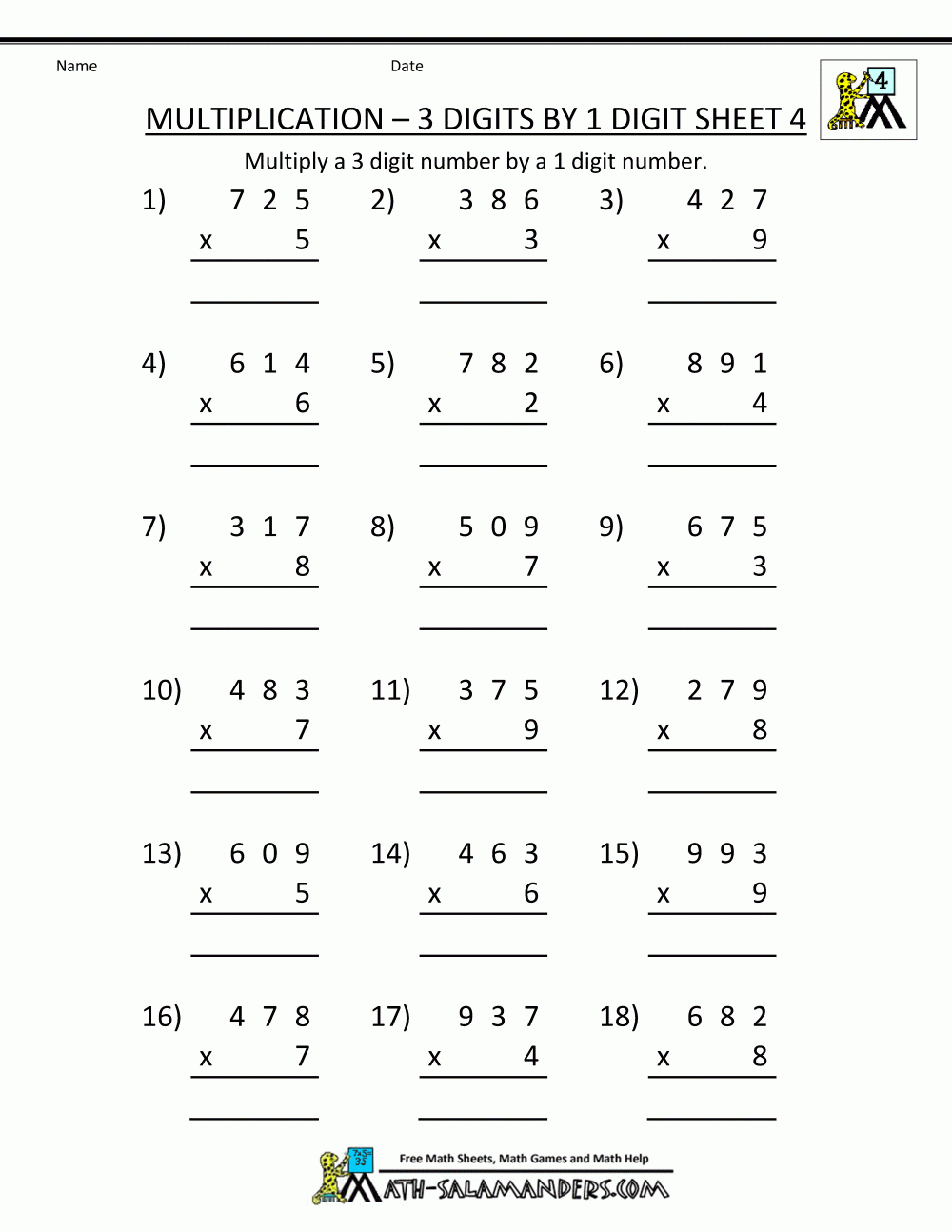 Free Multiplication Worksheets Multiplication 3 Digits1 pertaining to Multiplication Worksheets 4Th Grade