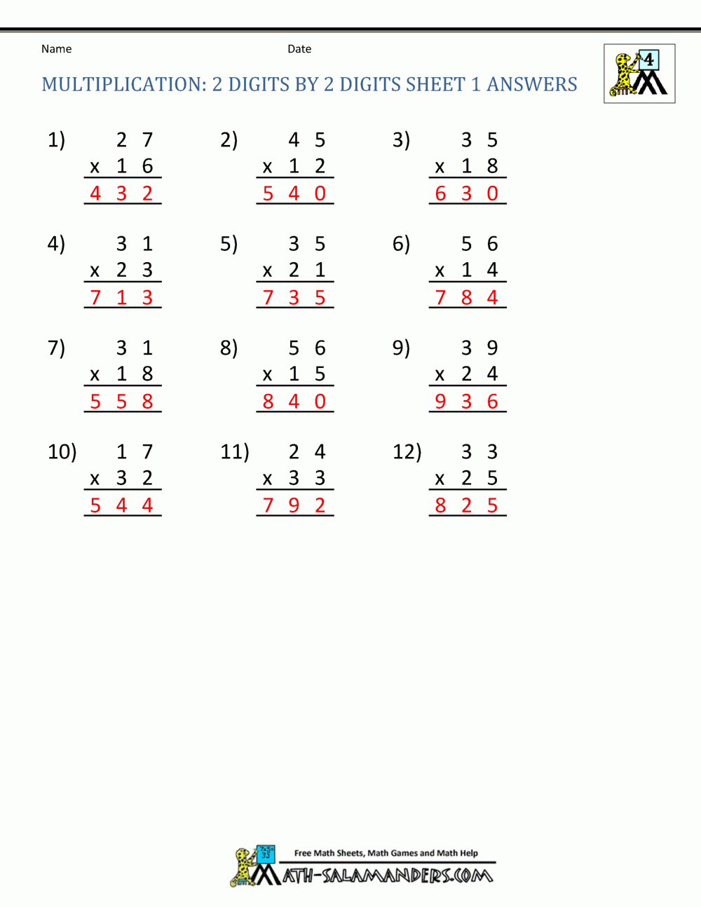 4th Grade Multiplication Worksheets 100 Problems Times 4th Grade Area