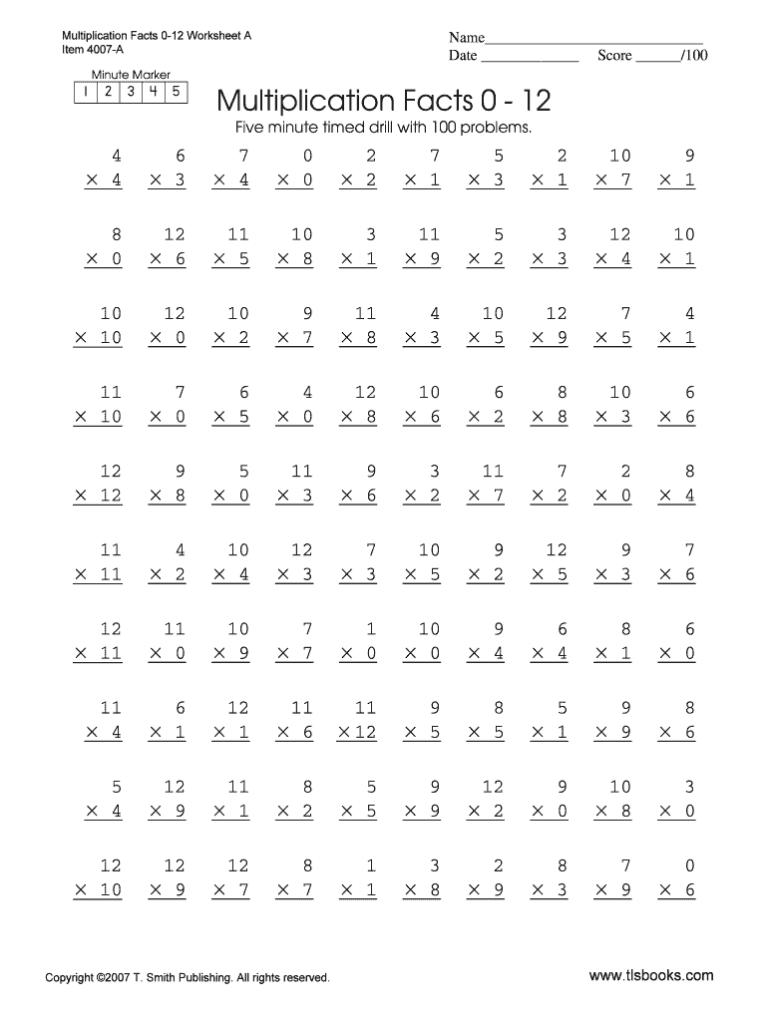 Multiplication Timed Test Printable 0 12 - Fill Online inside Printable