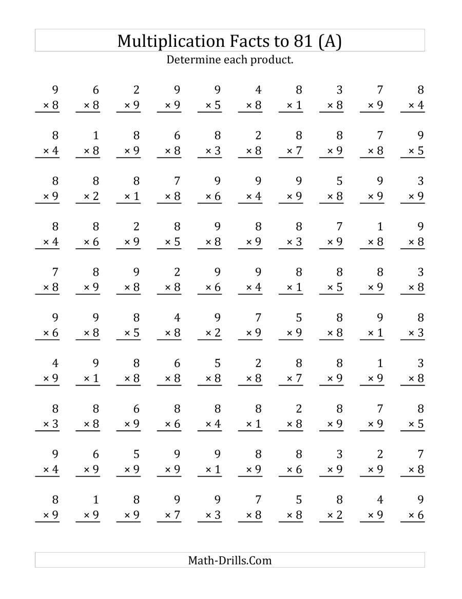 Multiplying (1 To 9)(8 And 9) (A) with regard to Multiplication Worksheets 8S