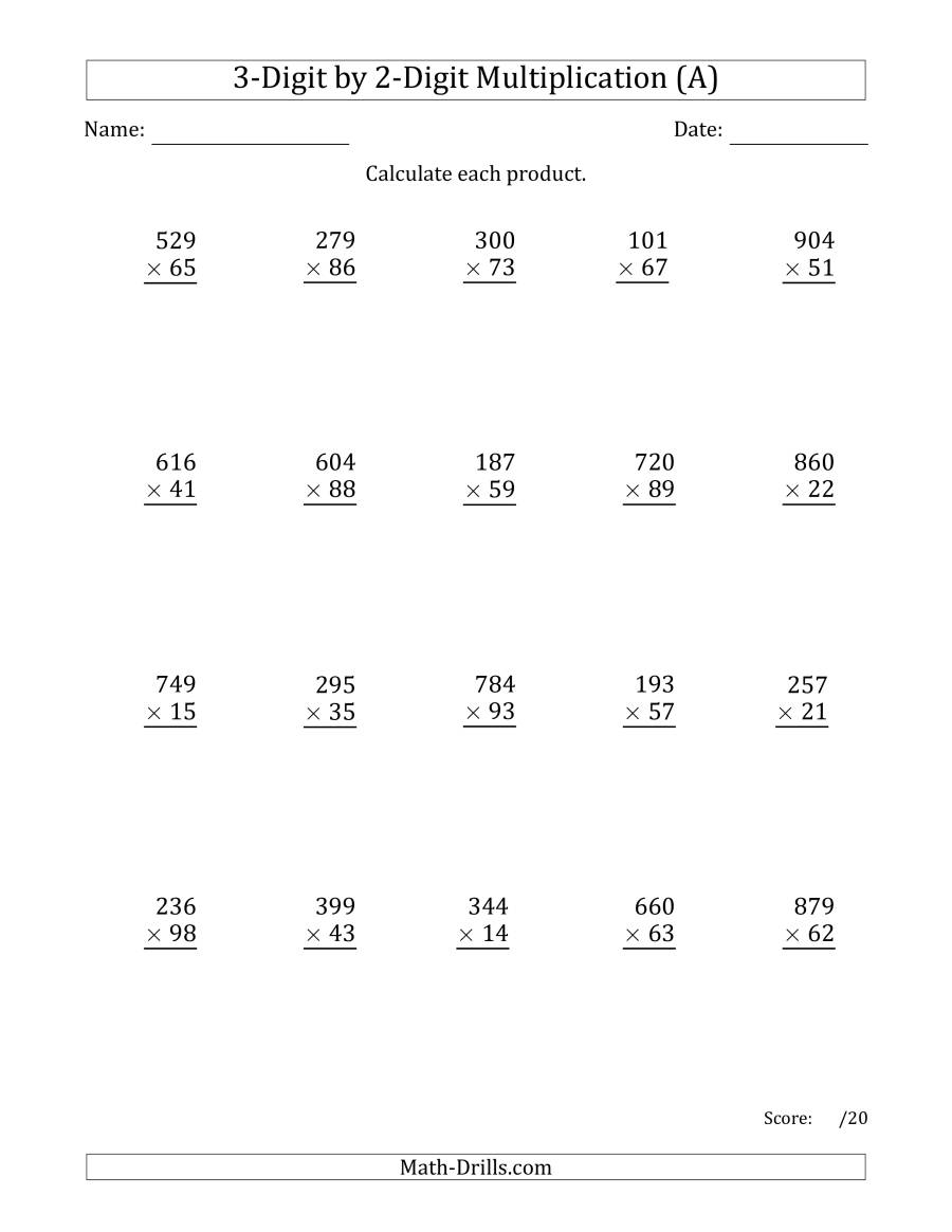 Multiplying 3-Digit2-Digit Numbers (A) with Printable Multiplication By 3 Worksheets