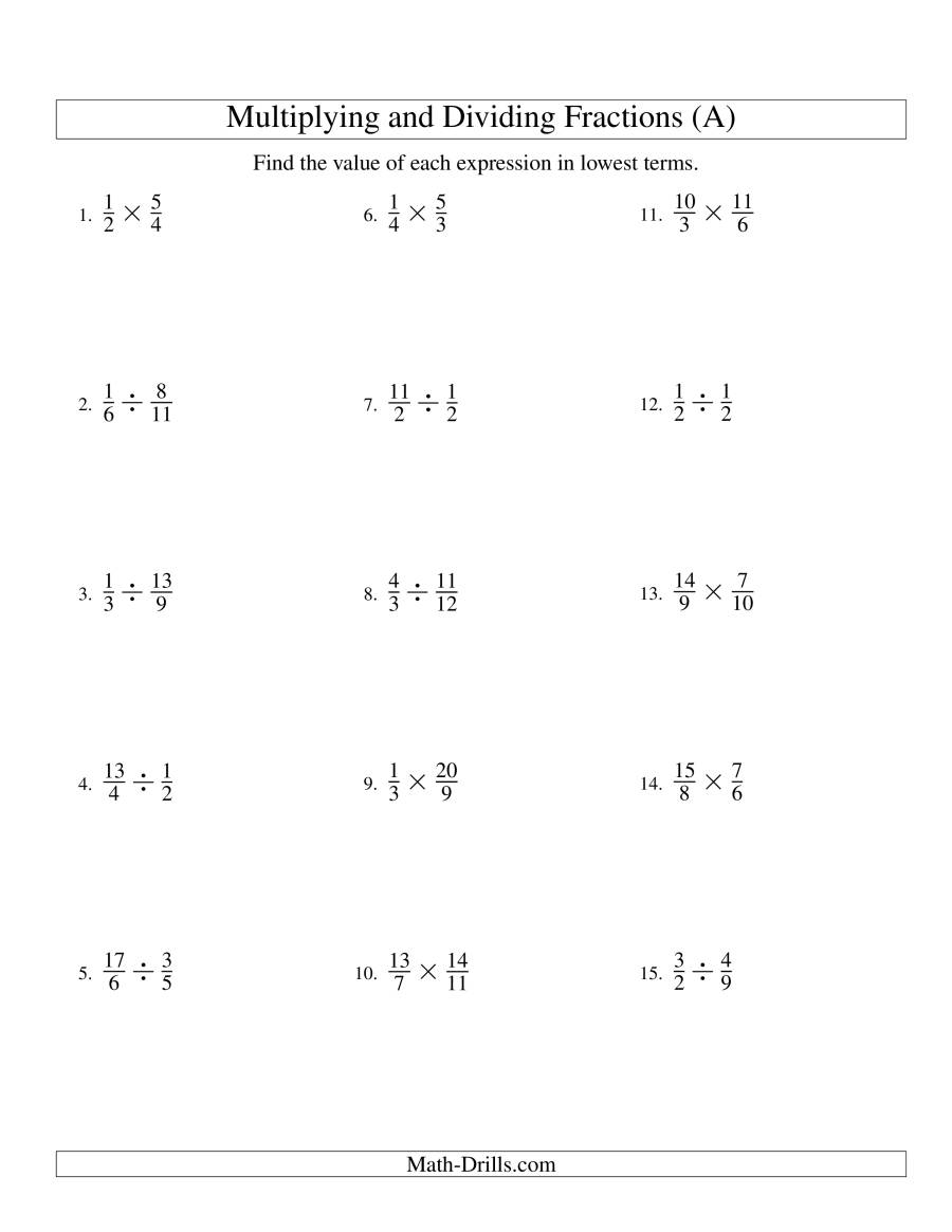 Multiplying And Dividing Fractions (A) for Printable Multiplication And Division Worksheets