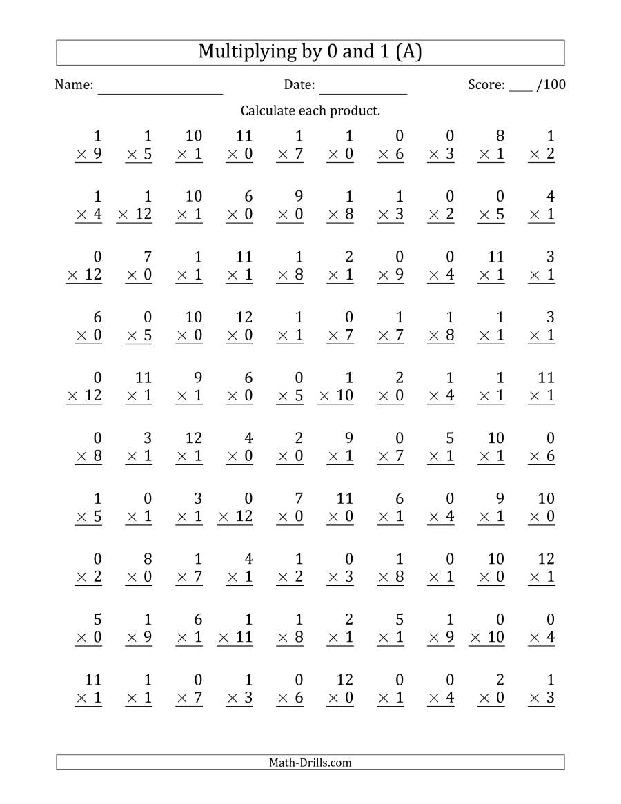 Multiplying0 And 1 With Factors 1 To 12 (100 Questions) (A) regarding Printable Multiplication Drill Worksheets