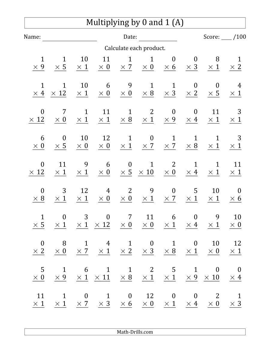 Multiplying0 And 1 With Factors 1 To 12 (100 Questions) (A) with Printable Multiplication 0-12