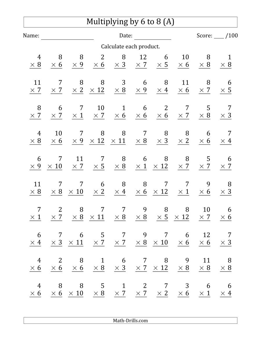 Multiplying6 To 8 With Factors 1 To 12 (100 Questions) (A) for Multiplication Worksheets 8S