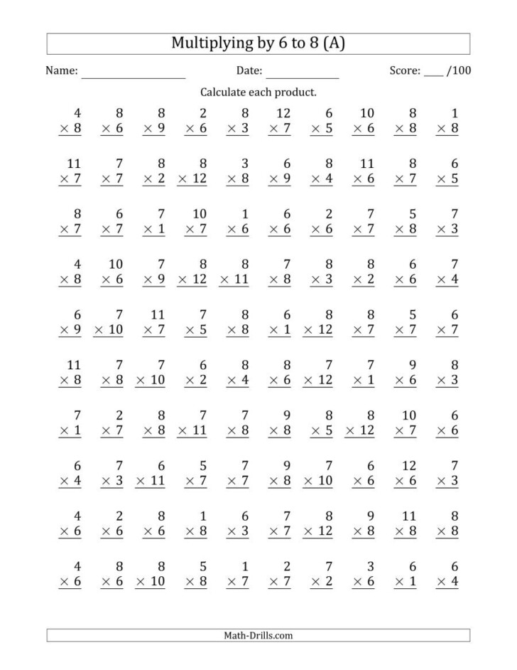 Multiplying6 To 8 With Factors 1 To 12 100 Questions A Inside Printable Multiplication Speed Drills 728x942 
