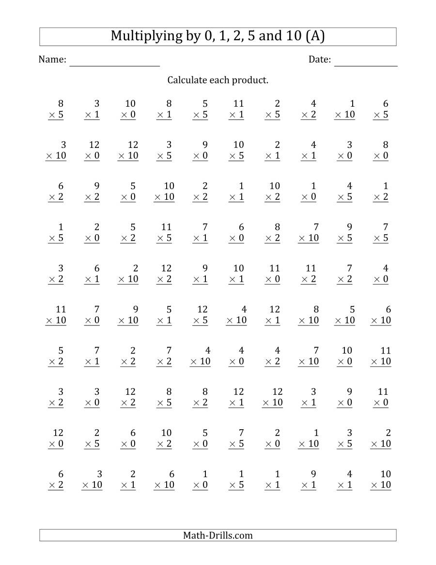 Multiplication 0 1 2 5 10 Worksheet Printable