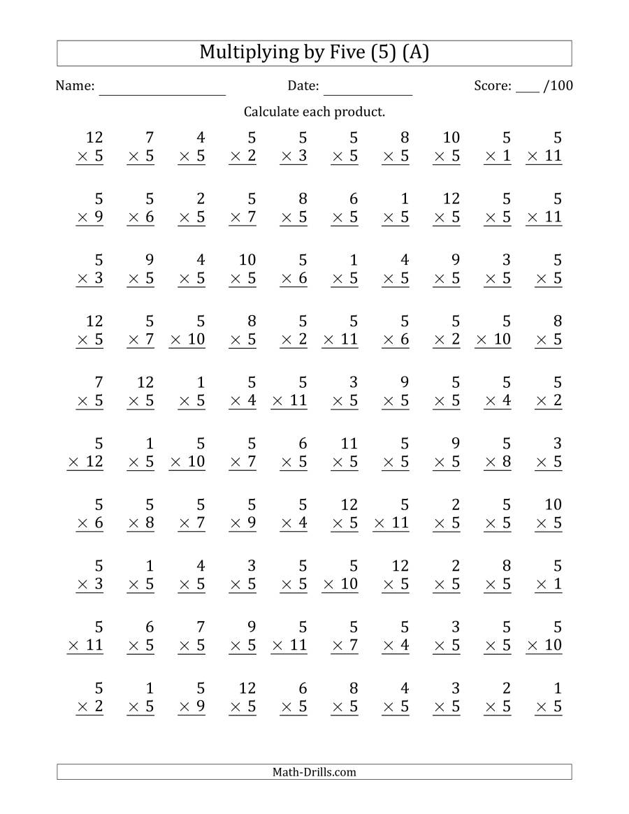 Multiplyingfive (5) With Factors 1 To 12 (100 Questions) (A) regarding Multiplication Worksheets Numbers 1-5