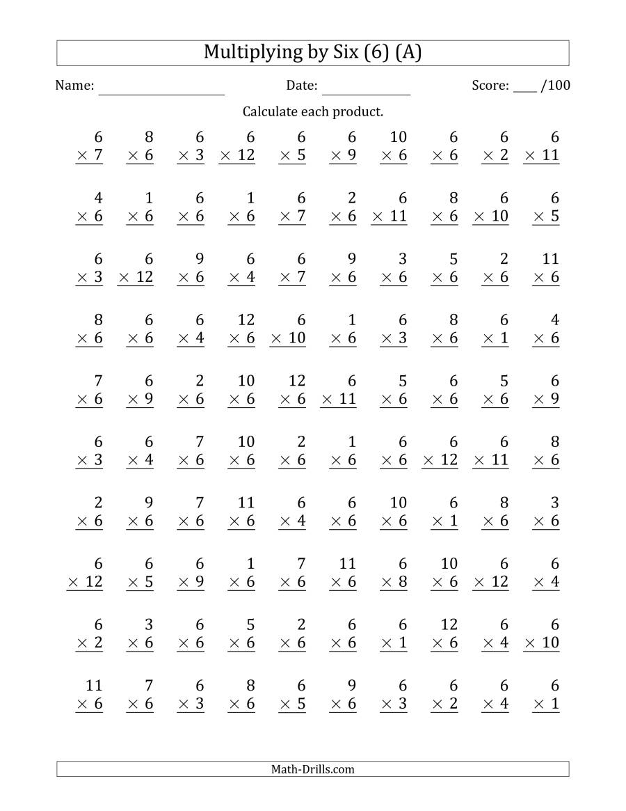 Multiplyingsix (6) With Factors 1 To 12 (100 Questions) (A) with Multiplication Worksheets Up To 12