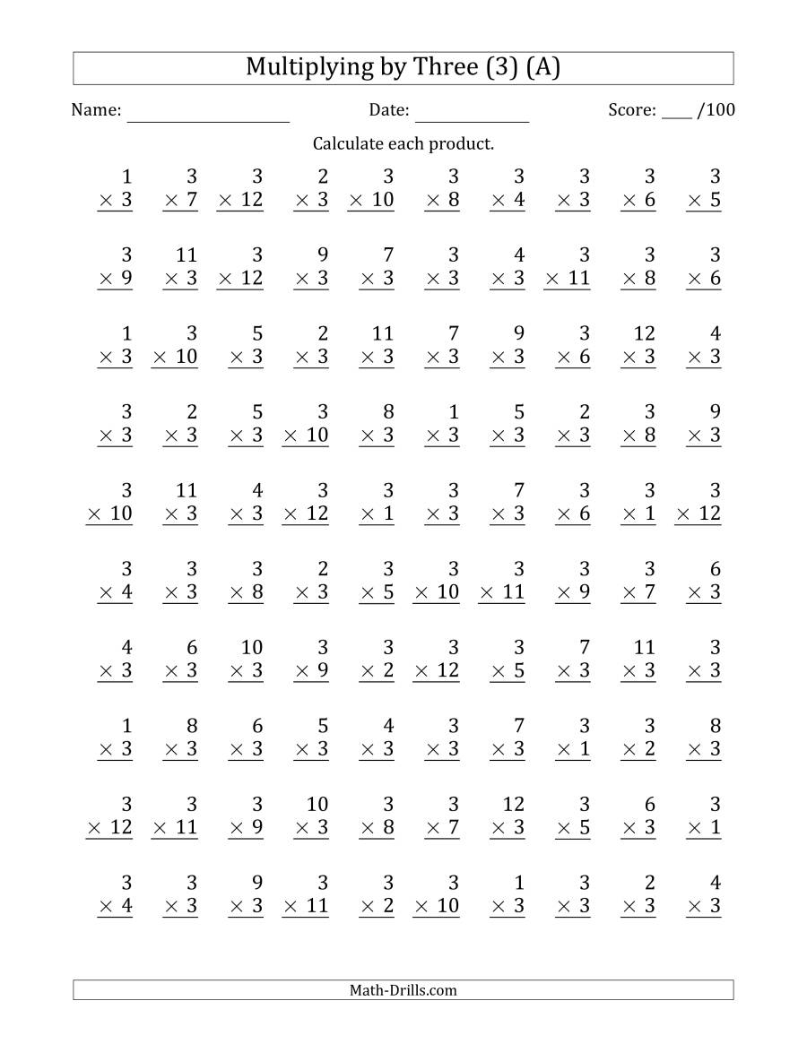 Multiplyingthree (3) With Factors 1 To 12 (100 Questions with regard to Printable Multiplication 3&amp;#039;s