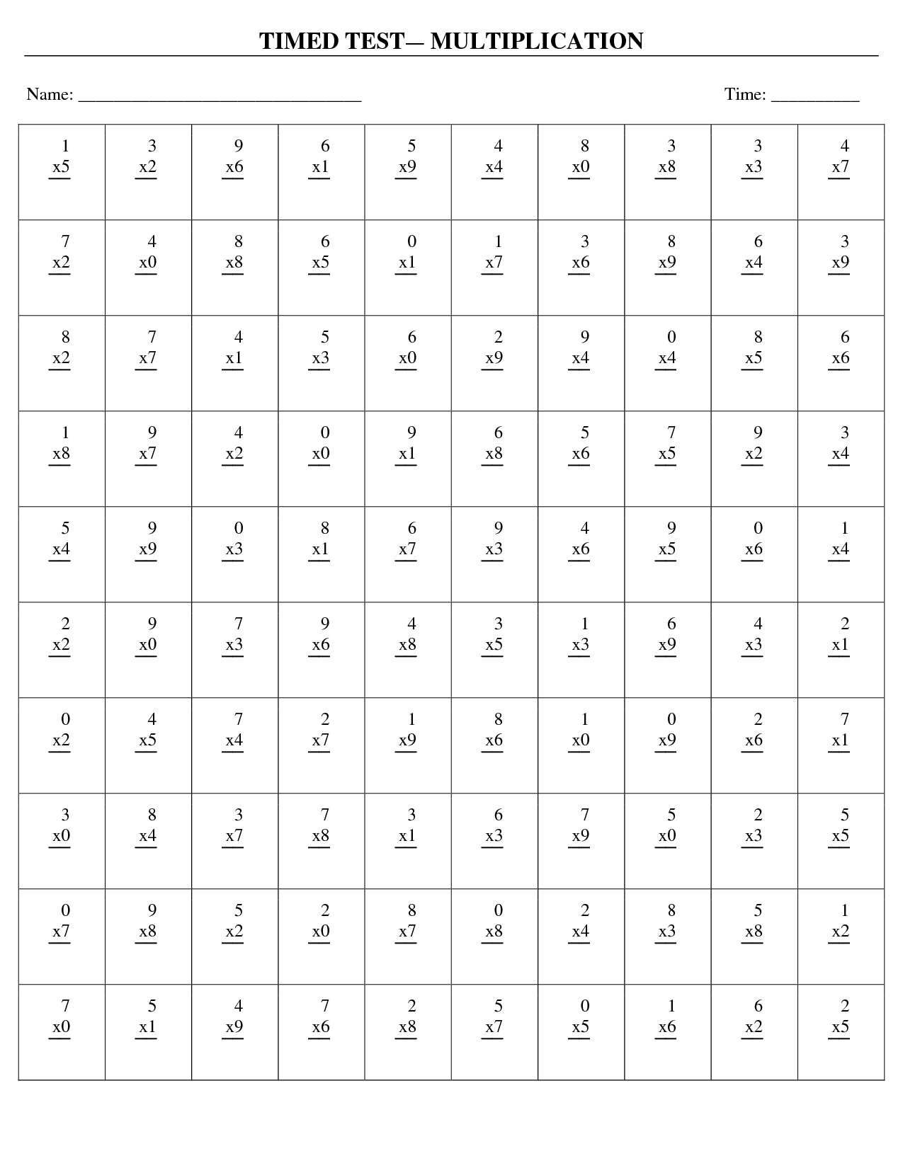 math worksheet multiplication times tables