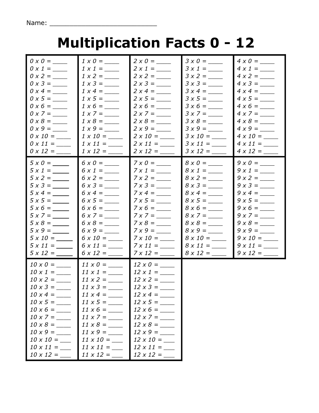12x12 multiplication chart printable blank