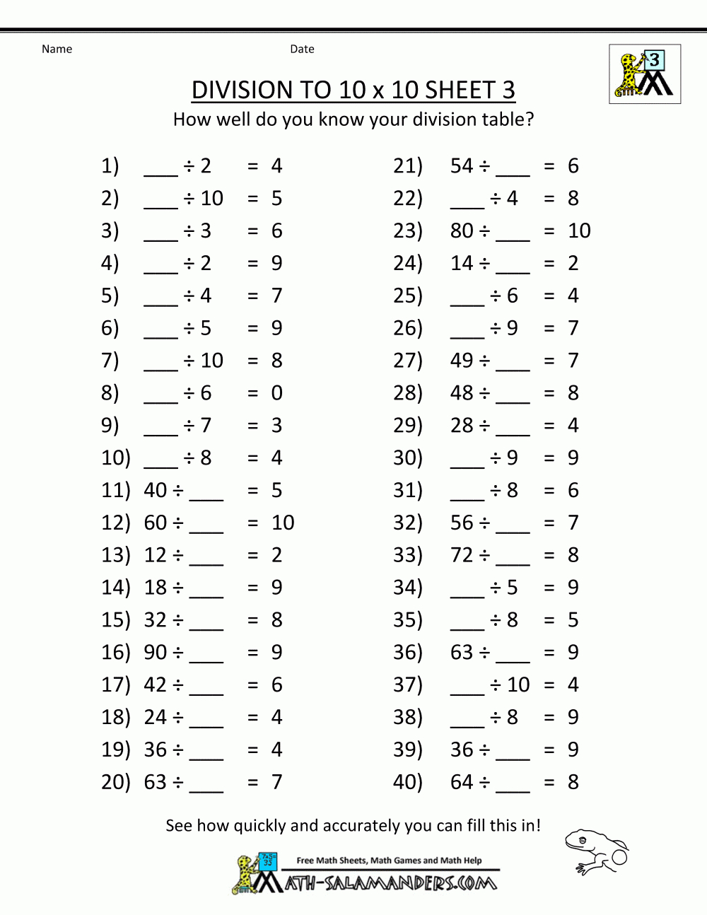 Free Printable Division Worksheets