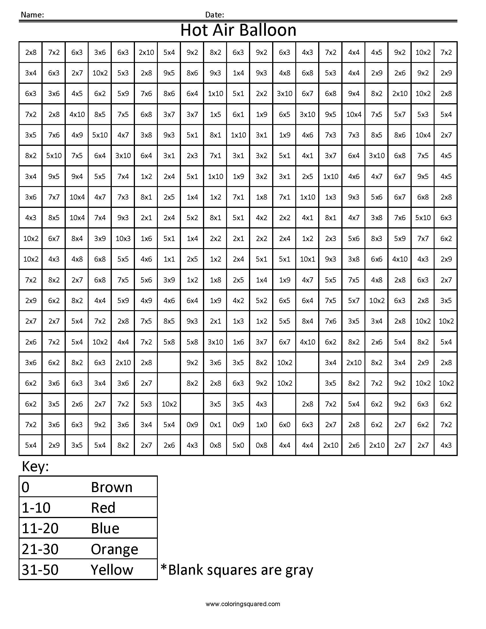 Printable Multiplication Color Worksheet | Hot Air Balloon in Printable Multiplication Squares