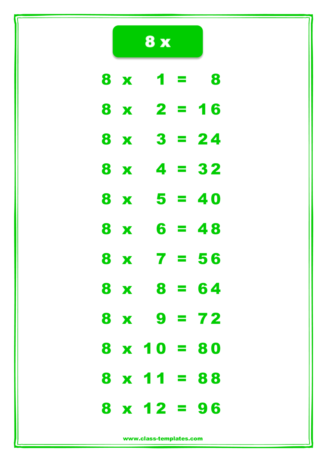 8X Times Table Chart Templates At Allbusinesstemplates PrintableMultiplication