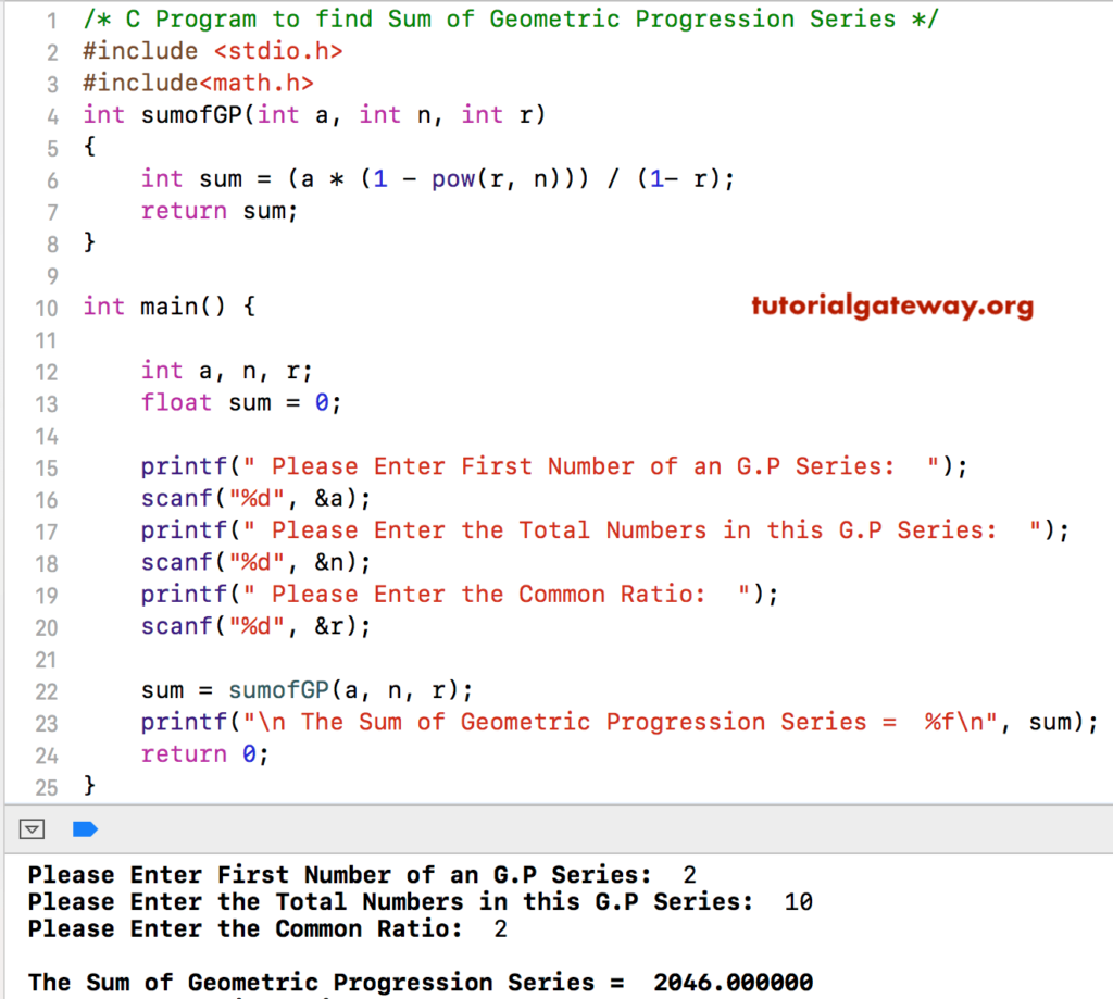 c-program-to-find-sum-of-geometric-progression-series