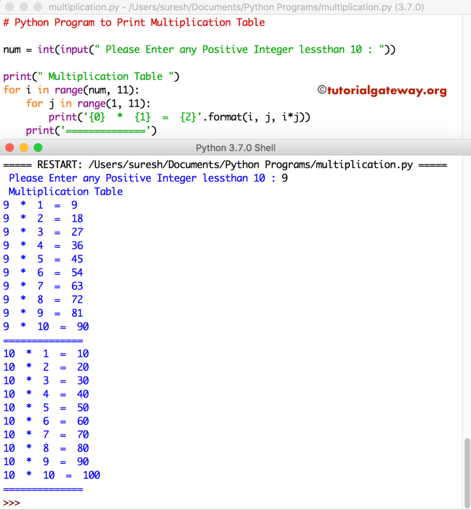 Multiplication Chart In Python