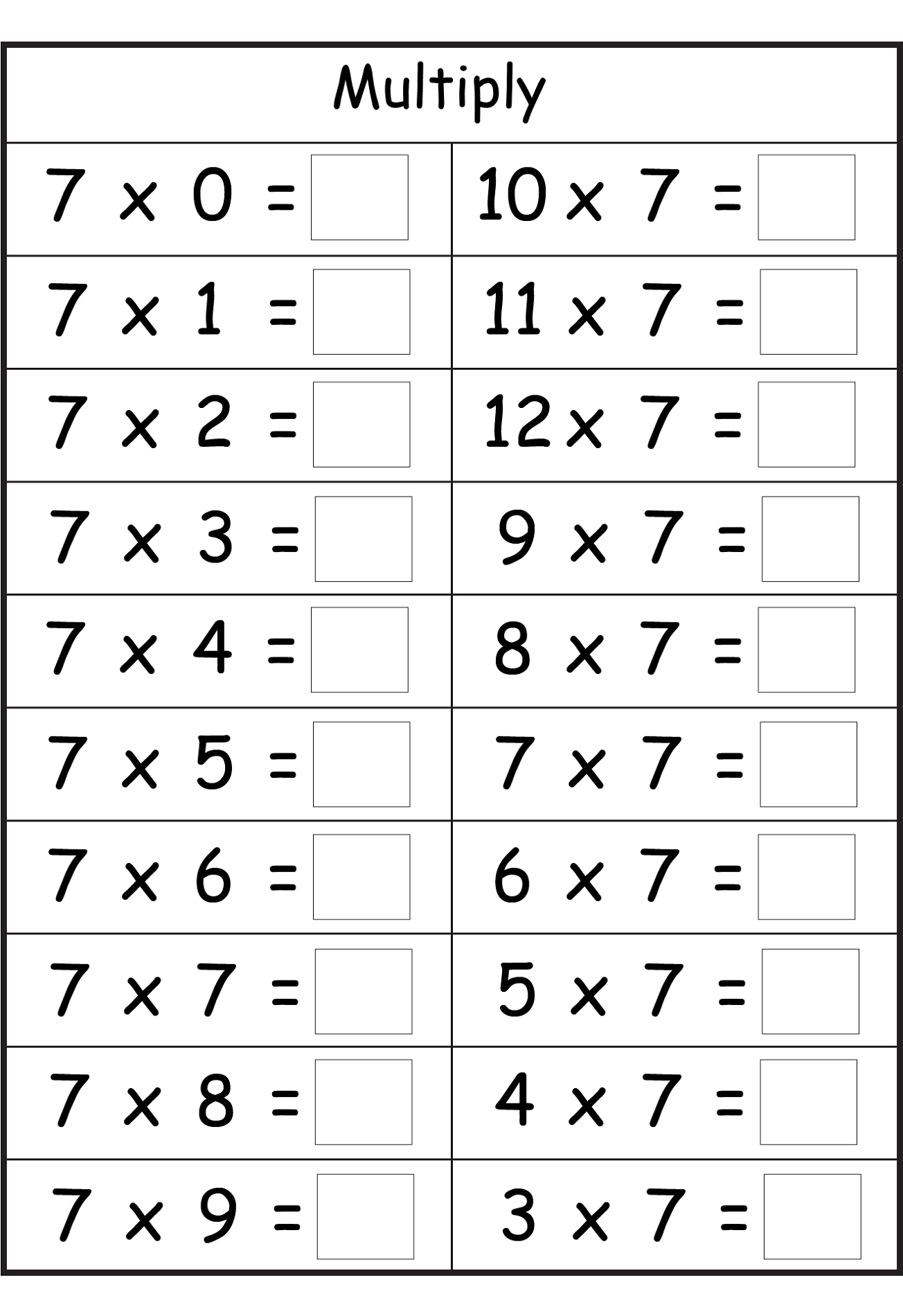 Printable Multiplication Worksheets 7 Times Tables Printable