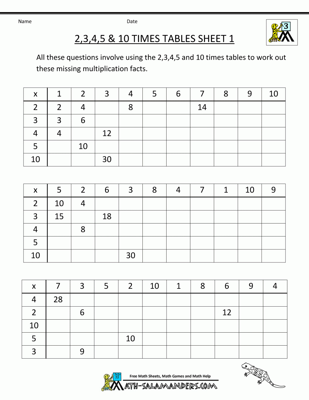 Free Math Sheets Multiplication 2 3 4 5 10 Times Tables 1