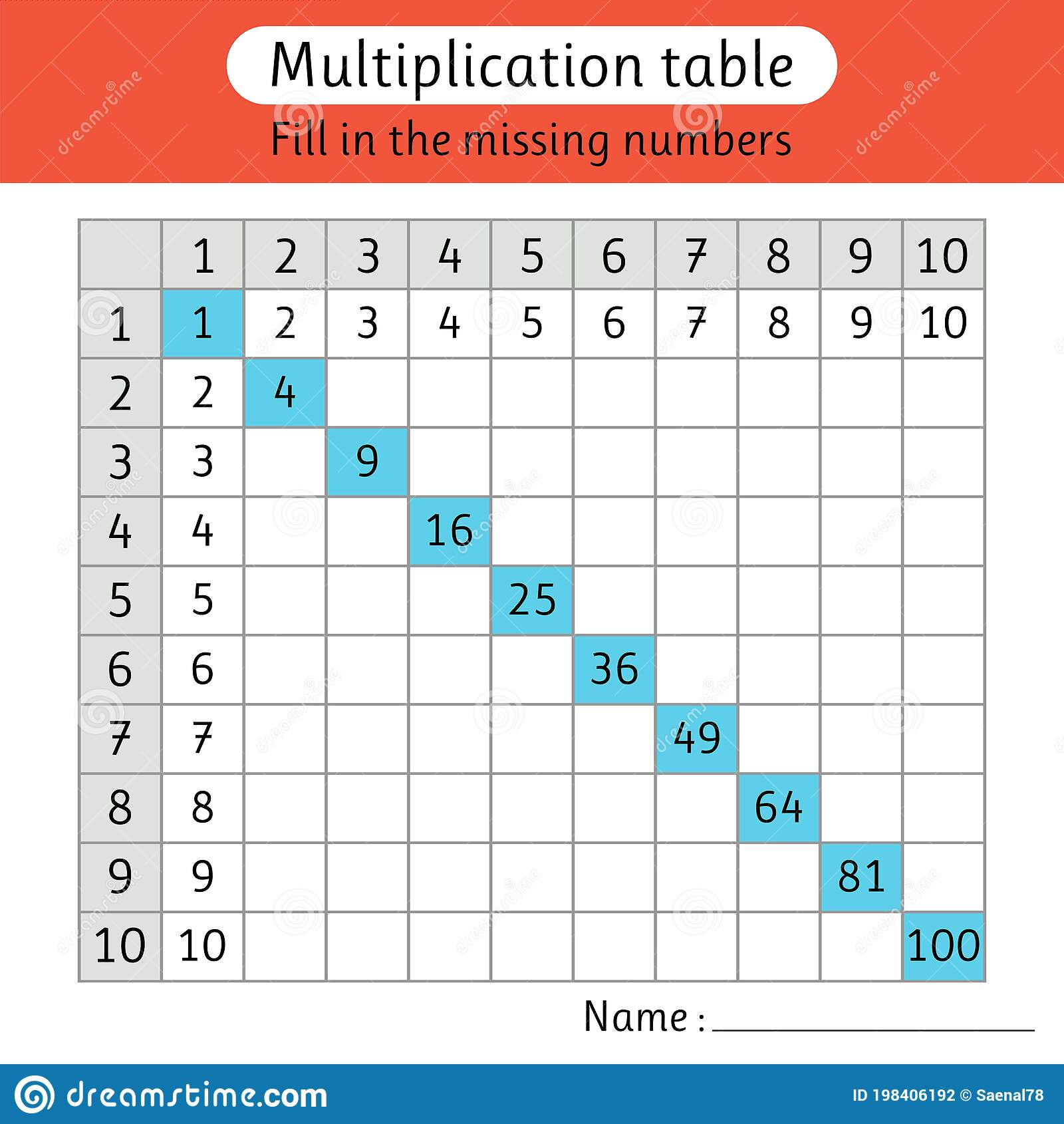 Multiplication Table. Fill In The Missing Numbers