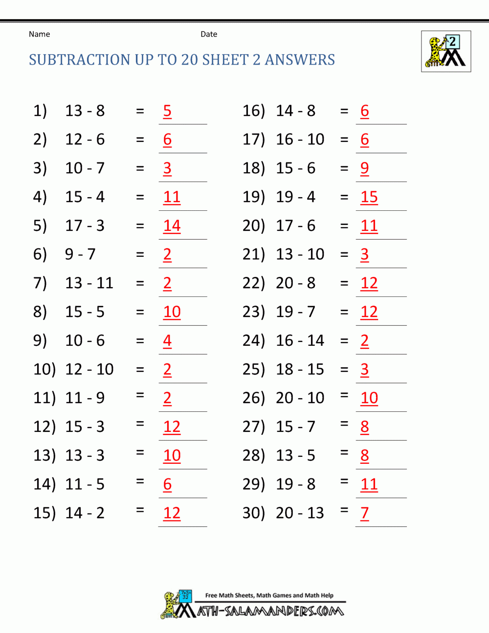 Subtraction Facts To 20