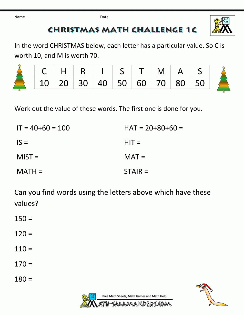 Christmas Middle School Math Worksheets