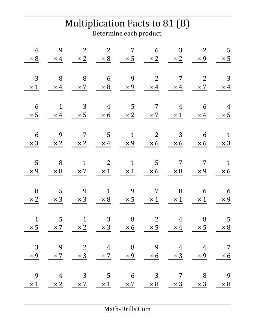 Multiplication Facts To 81 (B) Multiplication Worksheet