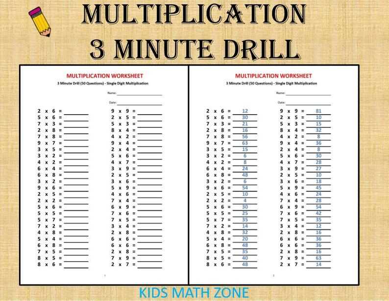 Multiplication 3 Minute Drill H With Answers 10 Sheets pdf 