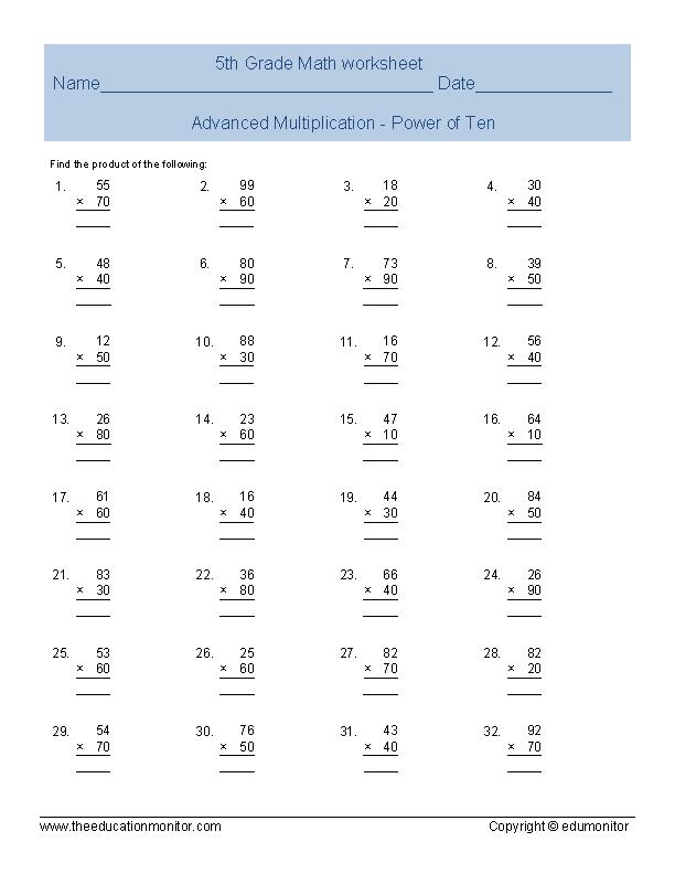 Free Printable Fifth Grade Multiplication Worksheets 