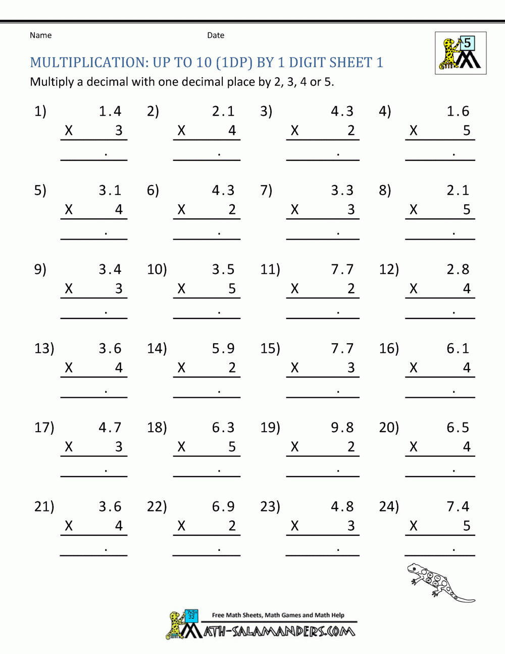 Printable Multiplication Sheets 5th Grade